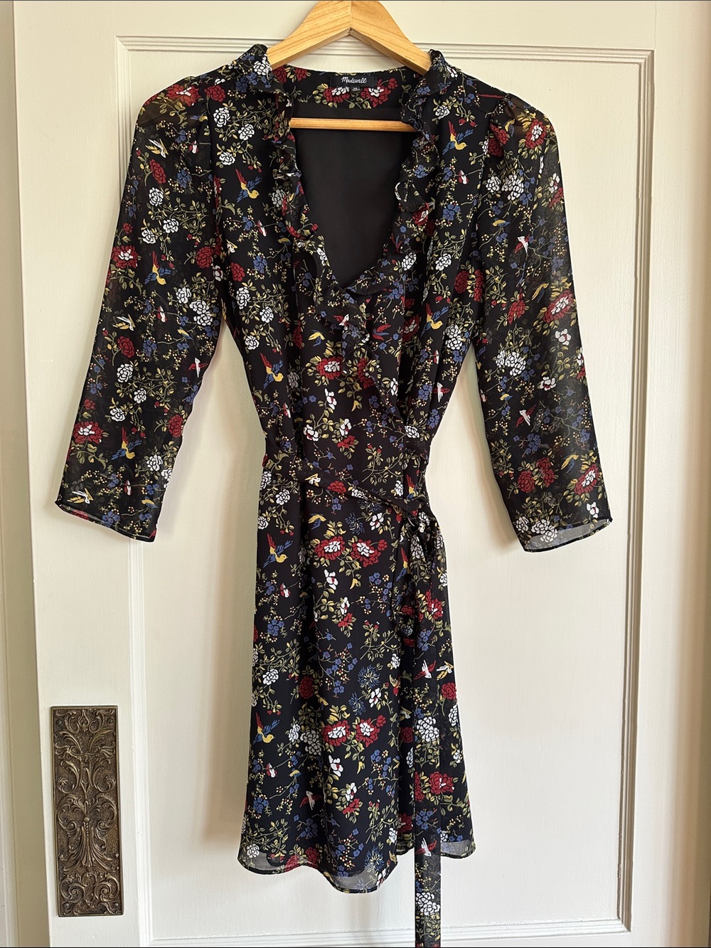 Madewell Sheer-Sleeve Ruffled Wrap Dress in Finch Floral